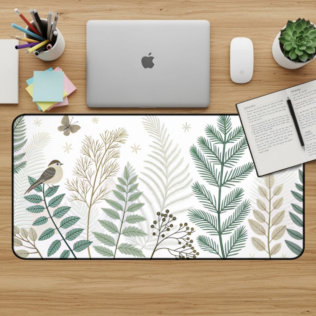 Bird Desk Mat, Botanical Mouse Pad, Nature Desk Pad, Desk Accessories, Ferns, Floral, Bird, Unique, Modern Desk Decor, Office Decor