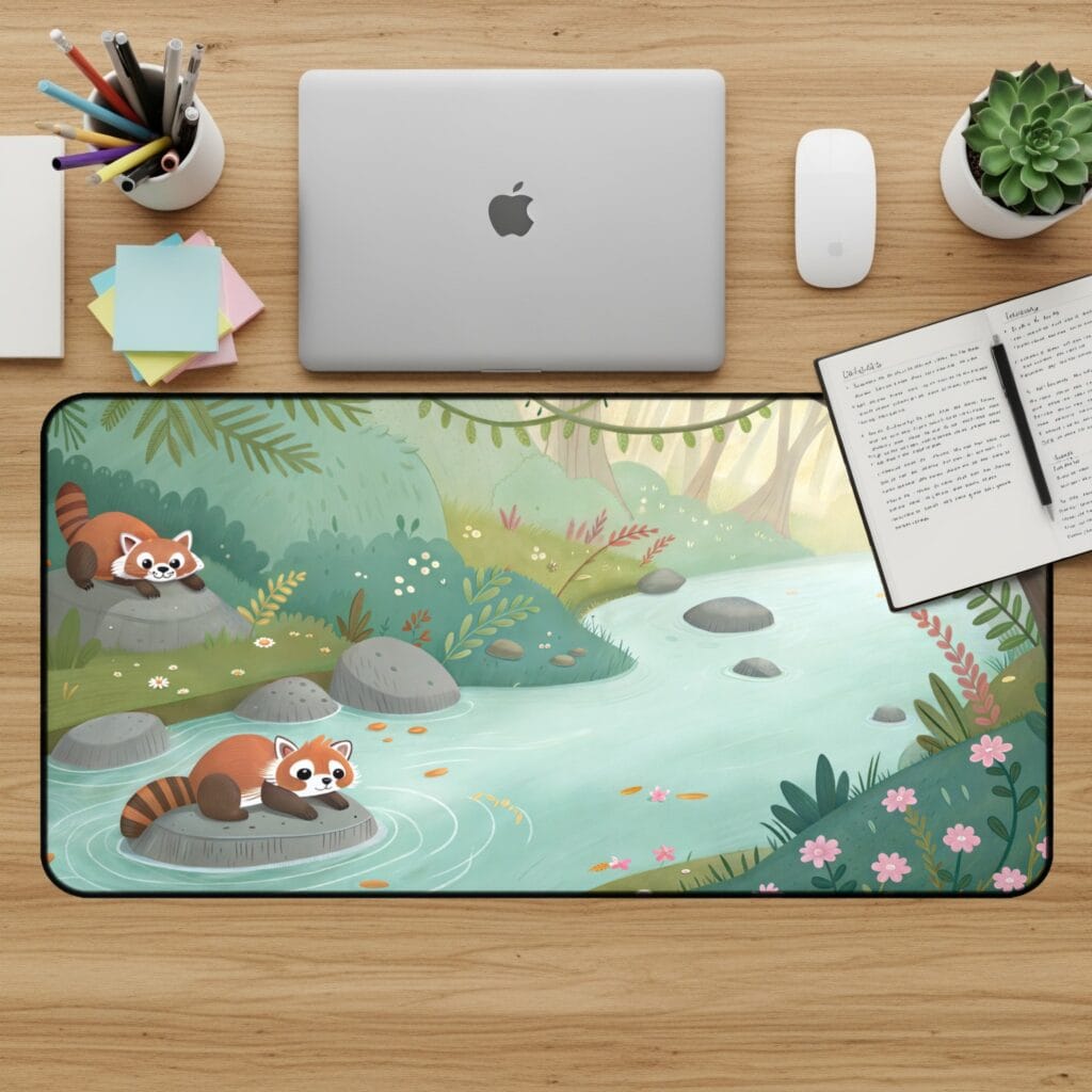 Red Panda Desk Mat, River Mouse Pad, Cute Desk Pad, Forest Desk Accessories, Animal Desk Mat, Gaming Mousepad, Office Decor