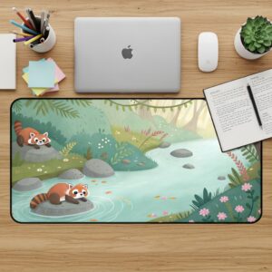 Red Panda Desk Mat, River Mouse Pad, Cute Desk Pad, Forest Desk Accessories, Animal Desk Mat, Gaming Mousepad, Office Decor