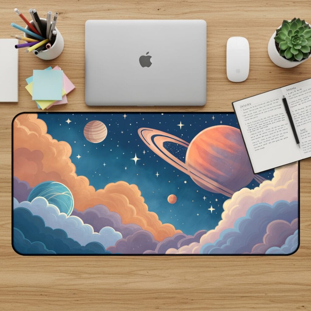 Planets Desk Mat, Space Mouse Pad, Aesthetic Desk Accessories, Galaxy Desk Pad, Celestial Computer Mat, Large Desk Mat, Saturn Decor