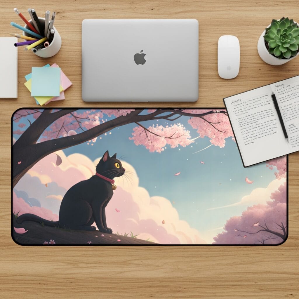 Black Cat Desk Mat, Sakura Desk Pad, Japanese Cherry Blossom Mouse Pad, Aesthetic Desk Accessories, Cute Desk Mat, Computer Mat, Desk Decor